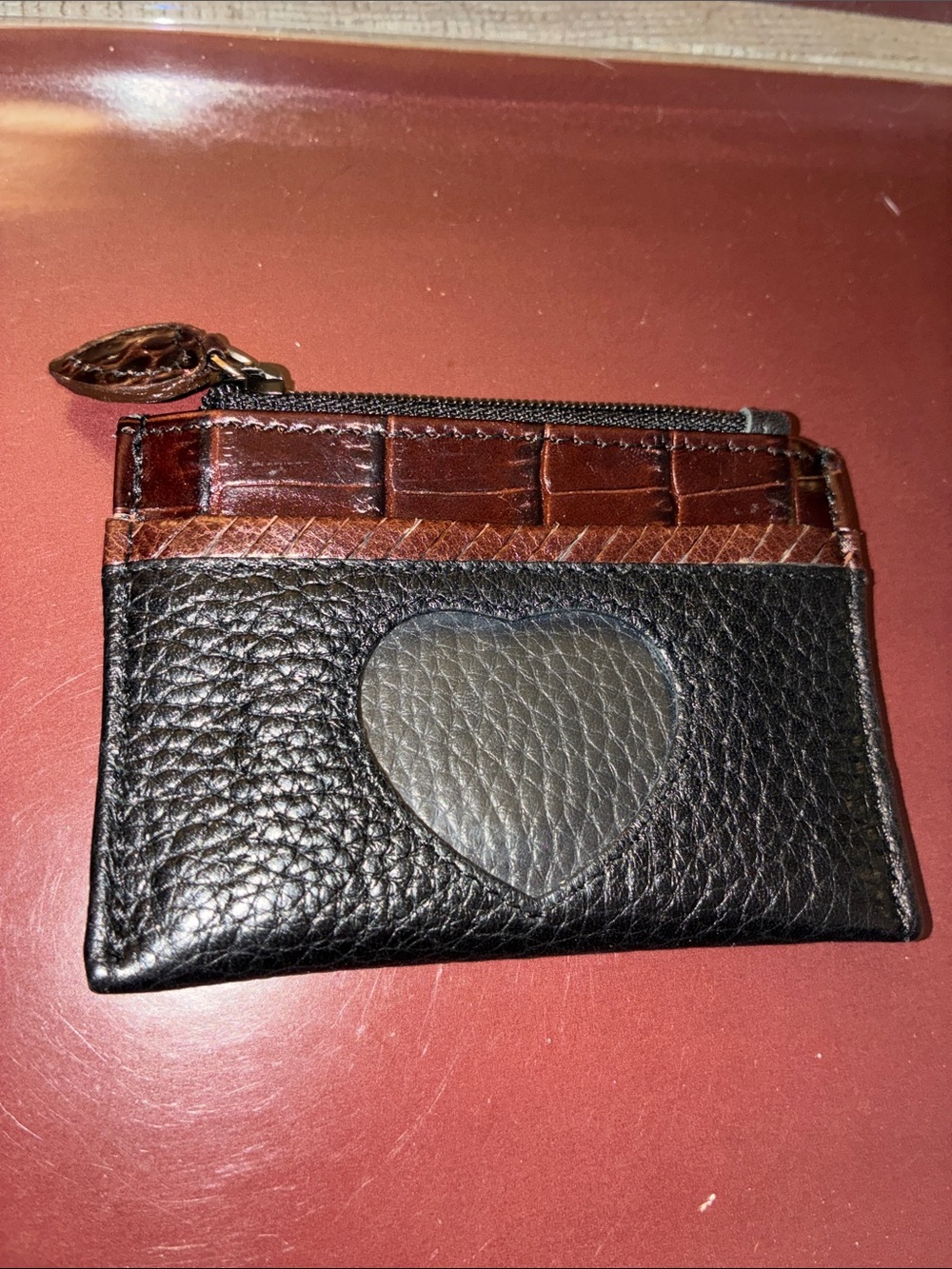 Brighton Black and Brown Leather Card Wallet with Heart Detail
